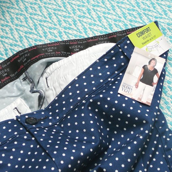 NWT Lee Riders Slimming Capri Crop Pants Plus 24W Blue White Polka Dot - Picture 2 of 10